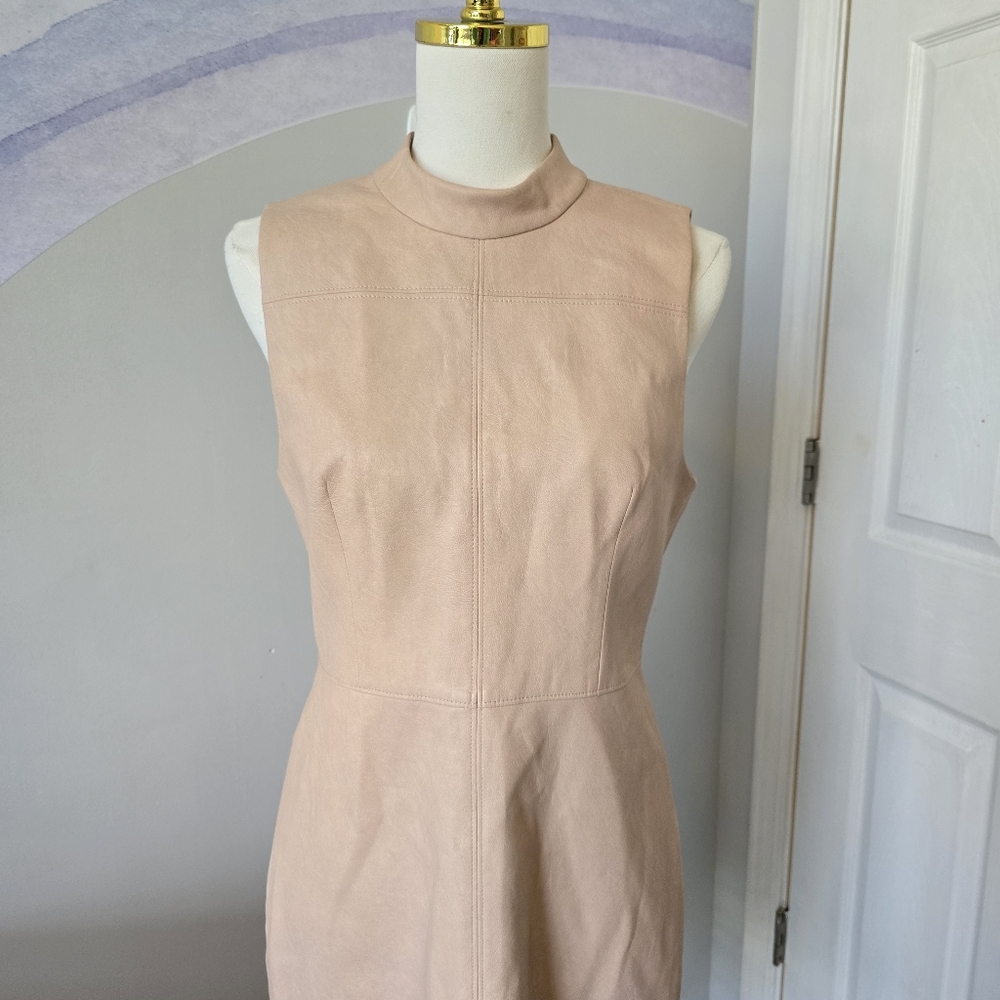 BCBGMaxAzria | Size 8 | Faux Leather Mock Neck Bare Pink Sheath Dress - Picture 2 of 14